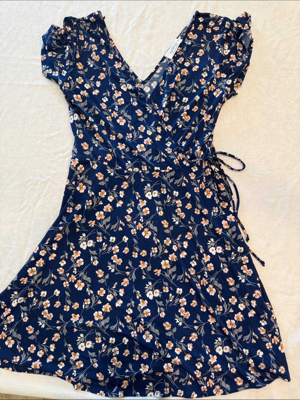Stitch Fix Kaileigh Navy Floral Wrap Dress with Peach Blossoms